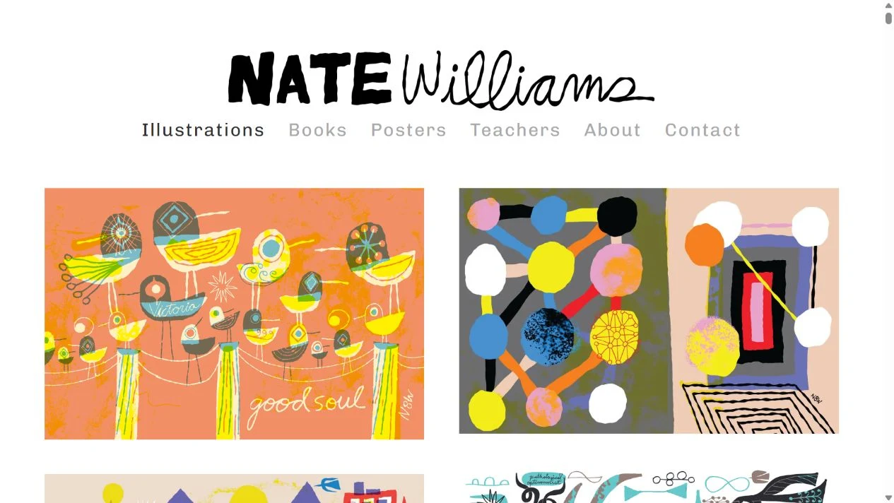 Nate Williams 插画作品集网页截图,展示手绘造型与色彩组合